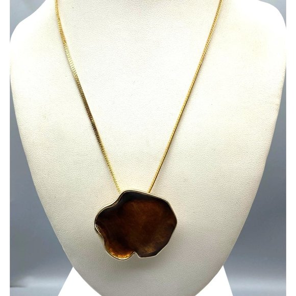 Vintage Sarah Coventry Amber Petal Pendant Brooch, Brown Enamel Lilypad Gold - Picture 1 of 5